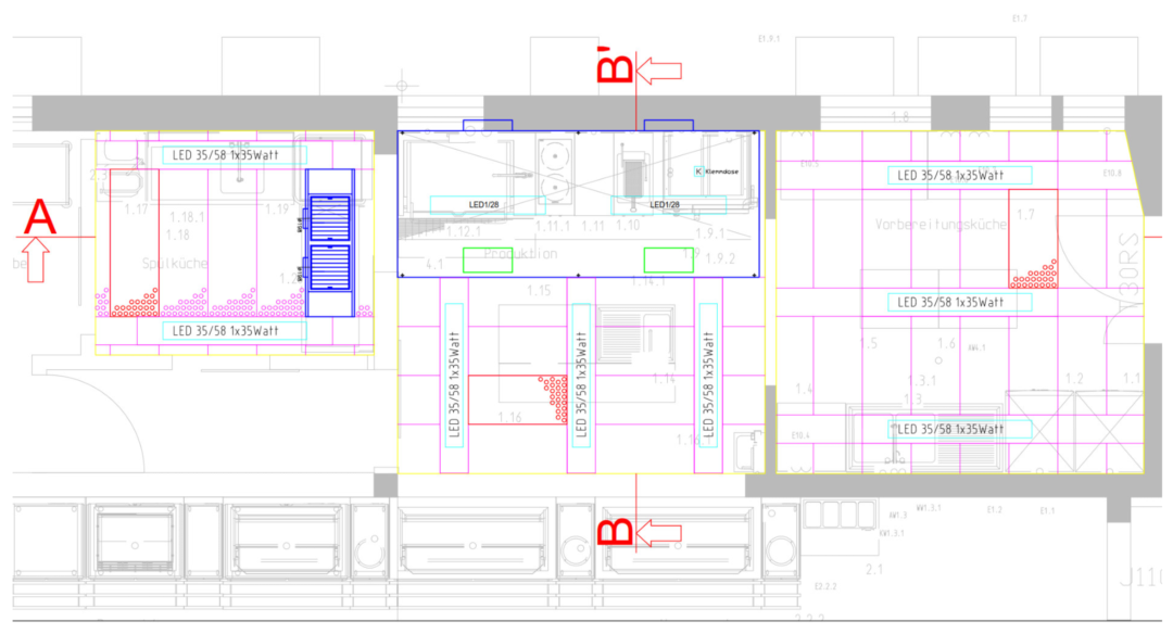 Grundriss Hybrid-Decke mit neuer Effizienz-Induktionshaube und Druckdecke Küchenabluftanlagen