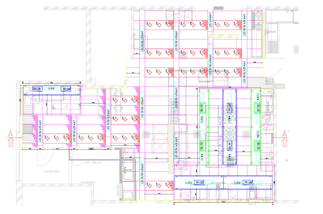 Grundriss einer Kombination aus Induktions- und Abluftdecke