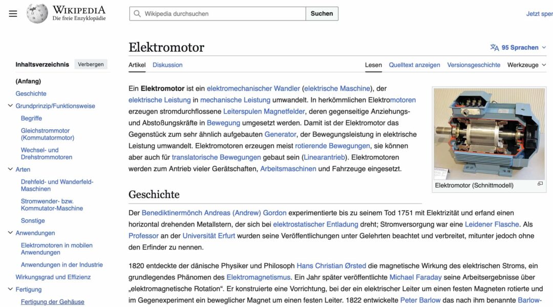 WIKIPEDIA Information zu Elektromotor und Absaugung von Tränkharz