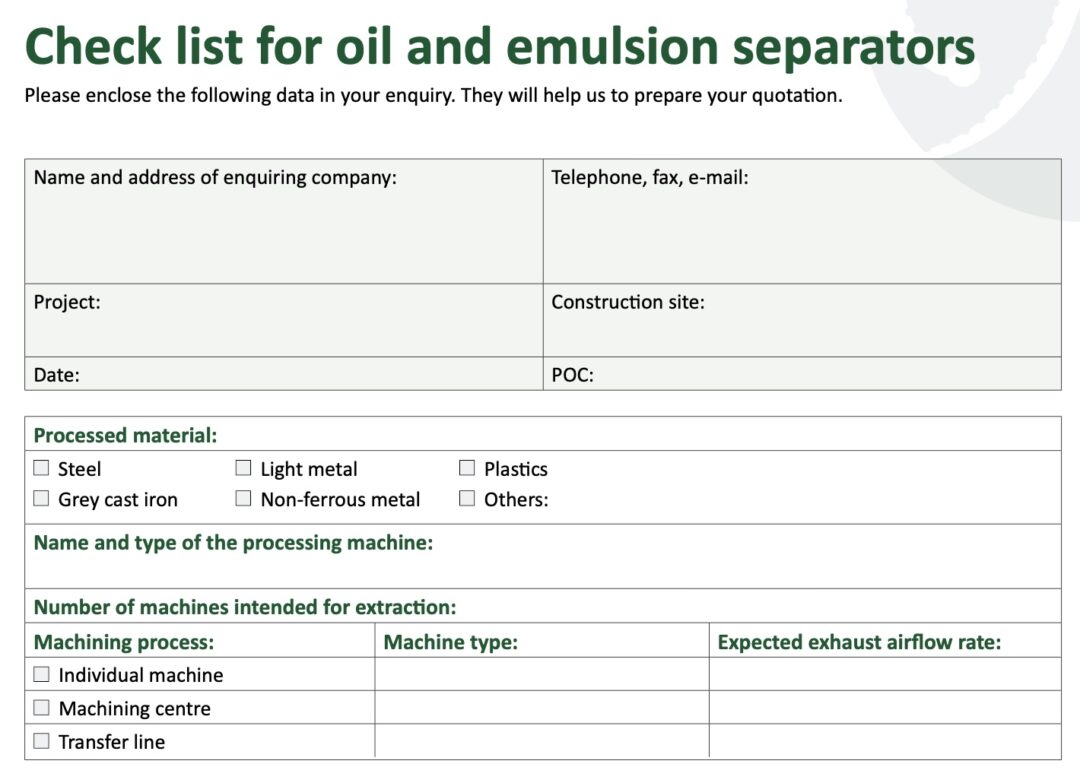 Check list for oil and emulsion separators