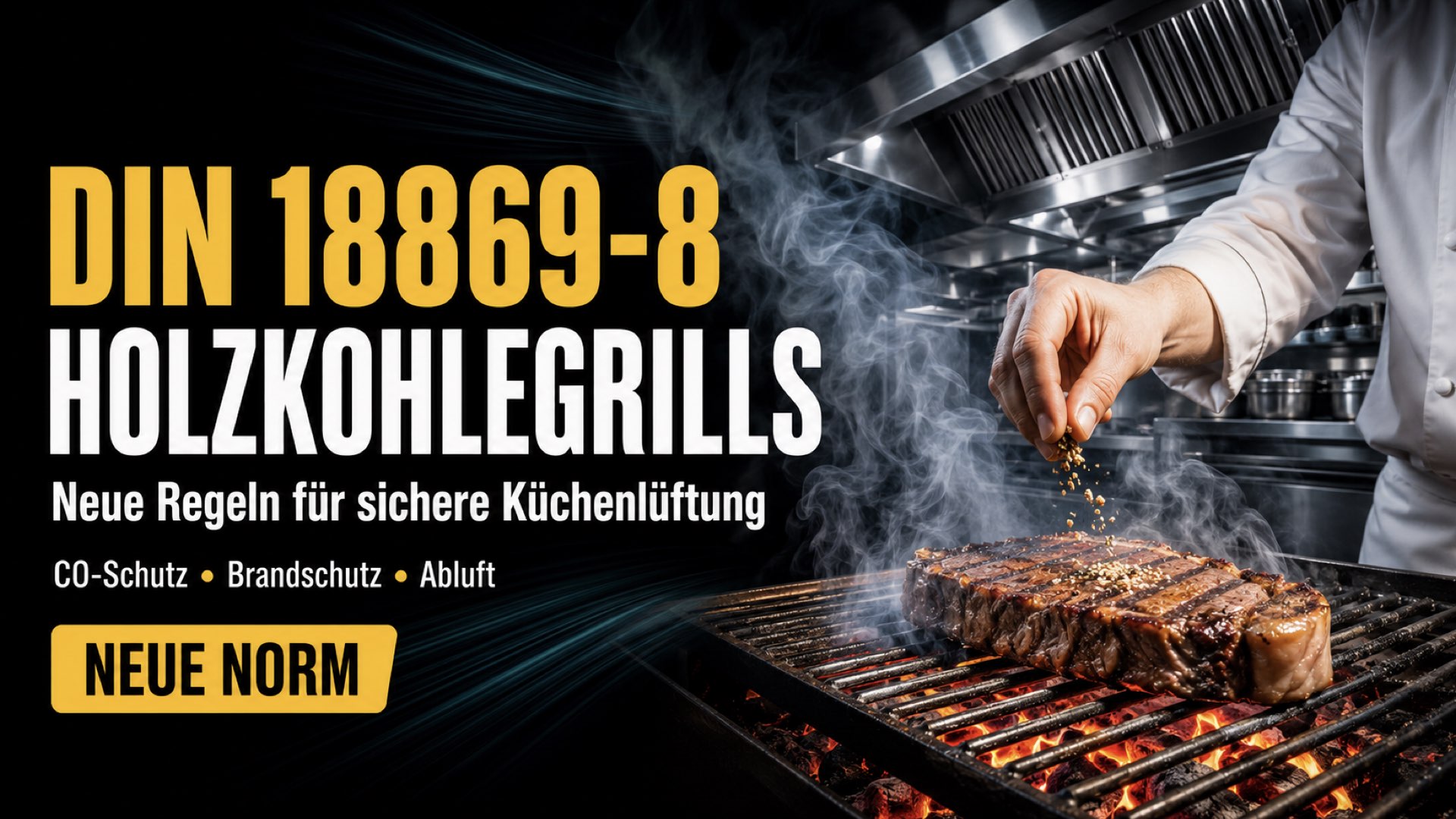DIN 18869-8 für Holzkohlegrills: Sichere Küchenlüftung DIN 18869-8 für Holzkohlegrills – Koch am rauchenden Grill unter einer Ablufthaube mit Hinweisen zu CO-Schutz und Brandschutz.