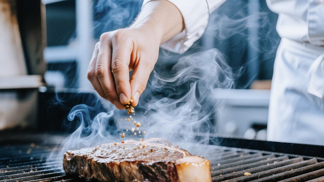 Ein Koch würzt ein Steak auf einem stark rauchenden Grill, während Kochdünste und Rauch in die Raumluft aufsteigen.