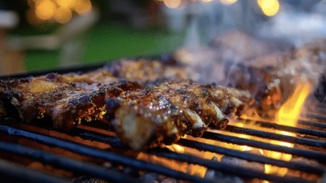 Fleisch über Flammen und Rauch auf einem Holzkohlegrill; die Restglut kann auch nach dem Grillen Kohlenmonoxid freisetzen.