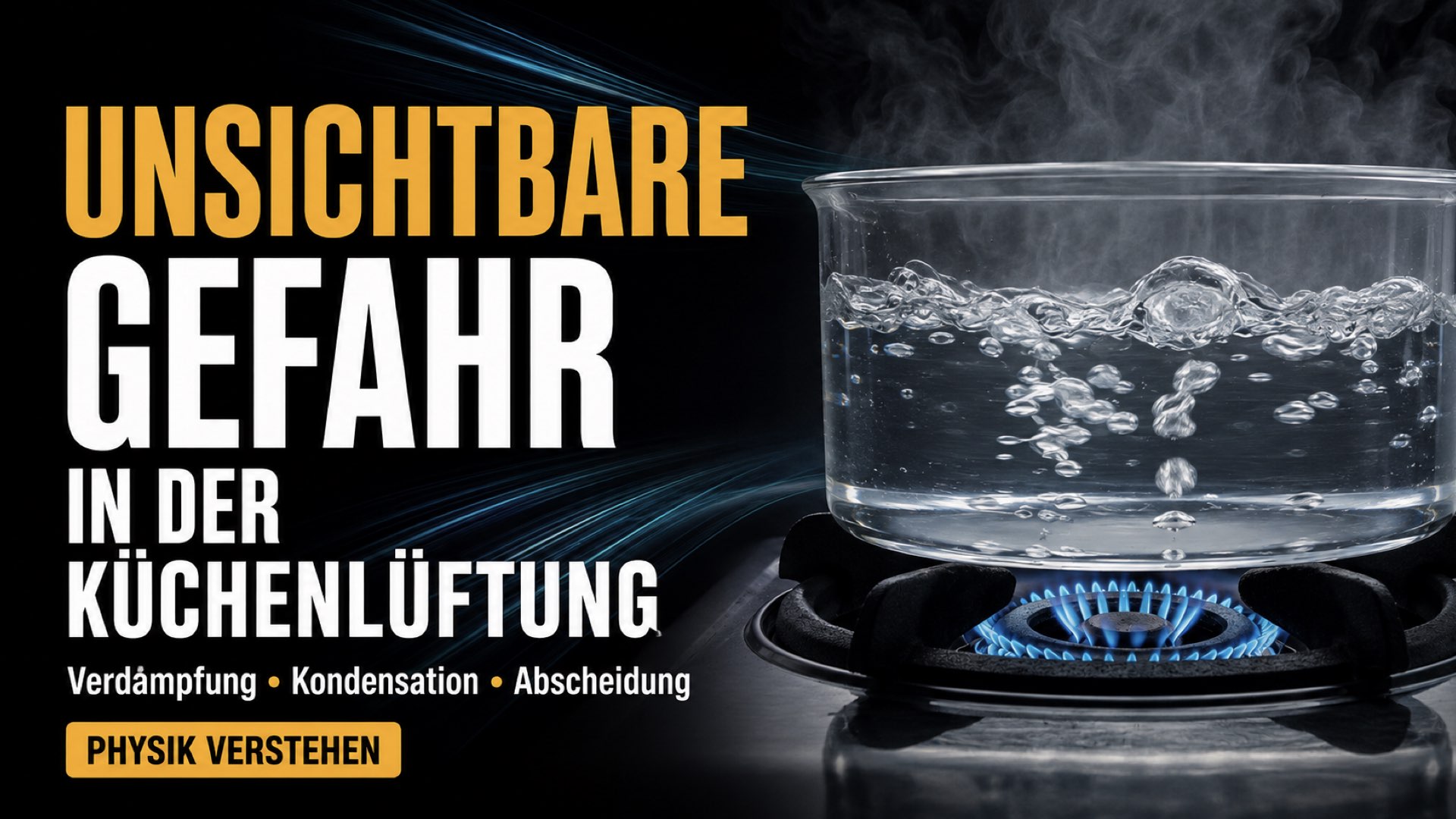 Bolgartikel Unsichtbare Gefahr in der Küchenlüftung Kochendes Wasser über einer Gasflamme erklärt Verdampfung und Kondensation in der gewerblichen Küchenlüftung.