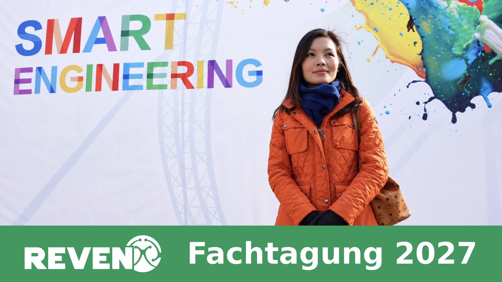 REVEN Fachtagung 2027 – Smart Engineering live mit Amanda Amanda in orangefarbener Jacke neben „Smart Engineering“, darunter ein grüner Streifen mit REVEN-Logo und „Fachtagung 2027“.